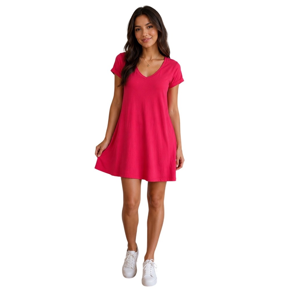 BTFBM Hot Pink V-Neck Short Sleeve T-Shirt Mini Dress with Pockets Size S 8537